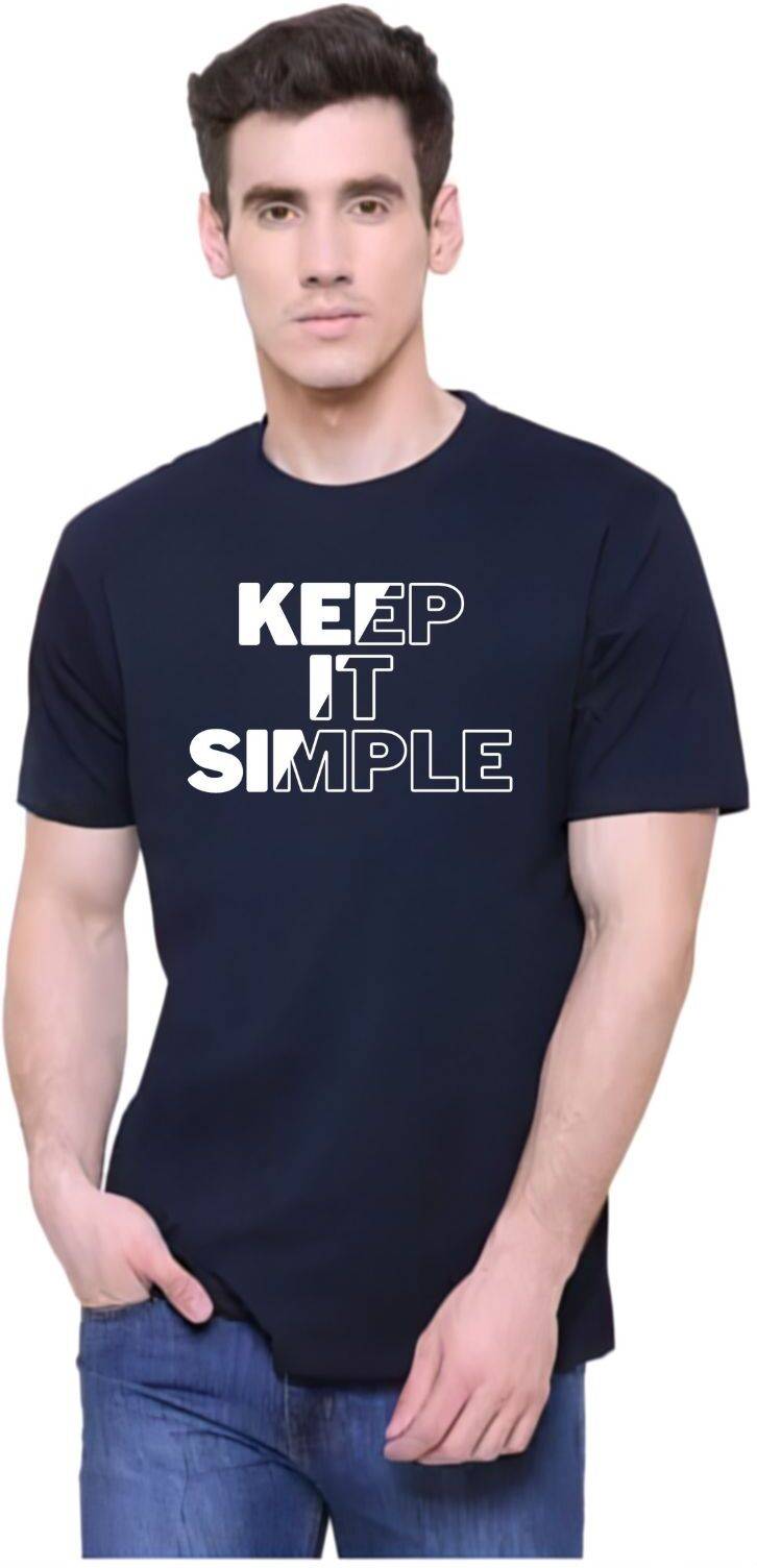 Navy Blue Cotton Blend Printed T-Shirt For Men