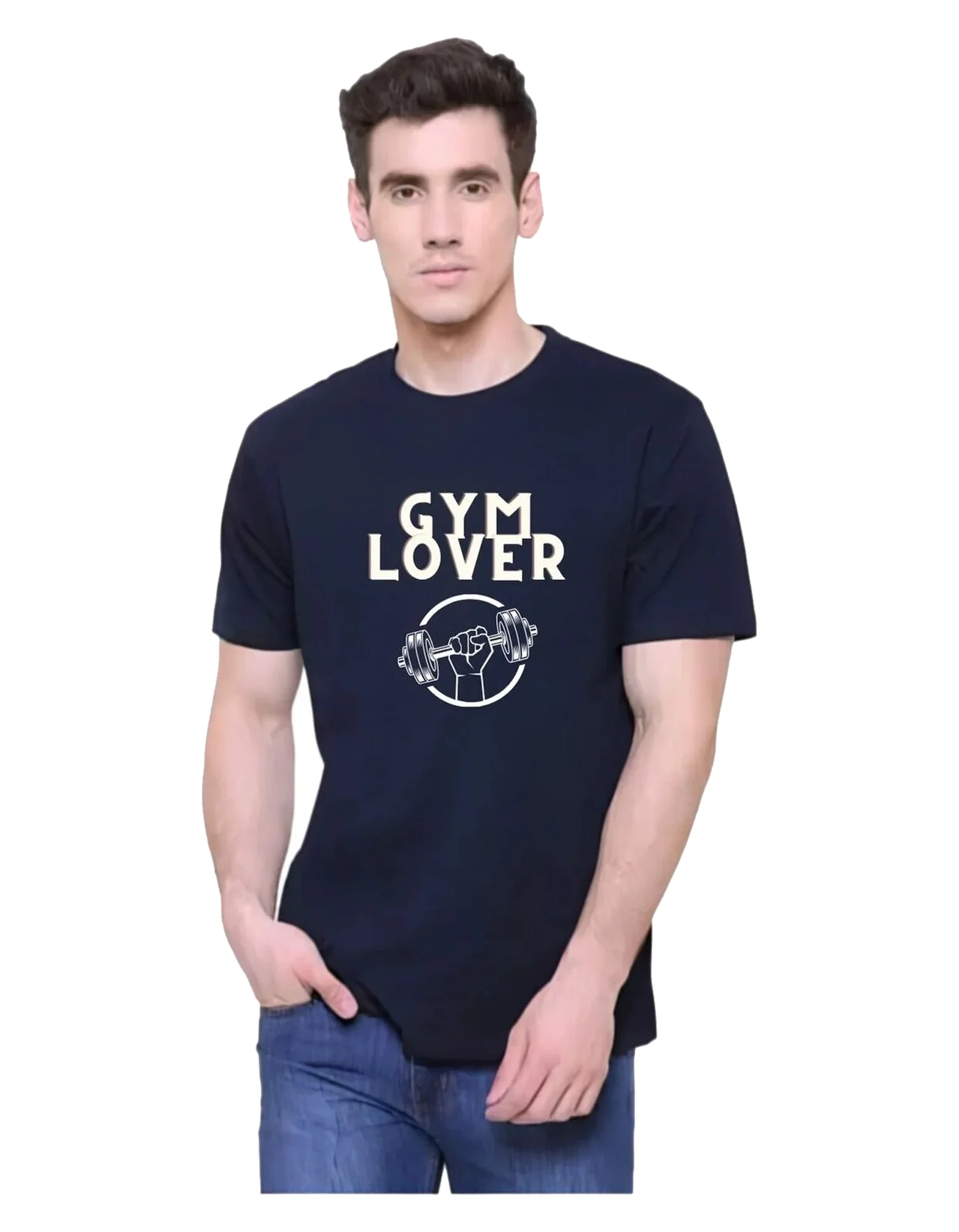 Navy Blue Cotton Blend Printed::Typography T-Shirt For Men